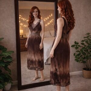 Silk Blend Brown Tie Dye Lace Crochet Smocked Waist Maxi Dress XL Boho Floral